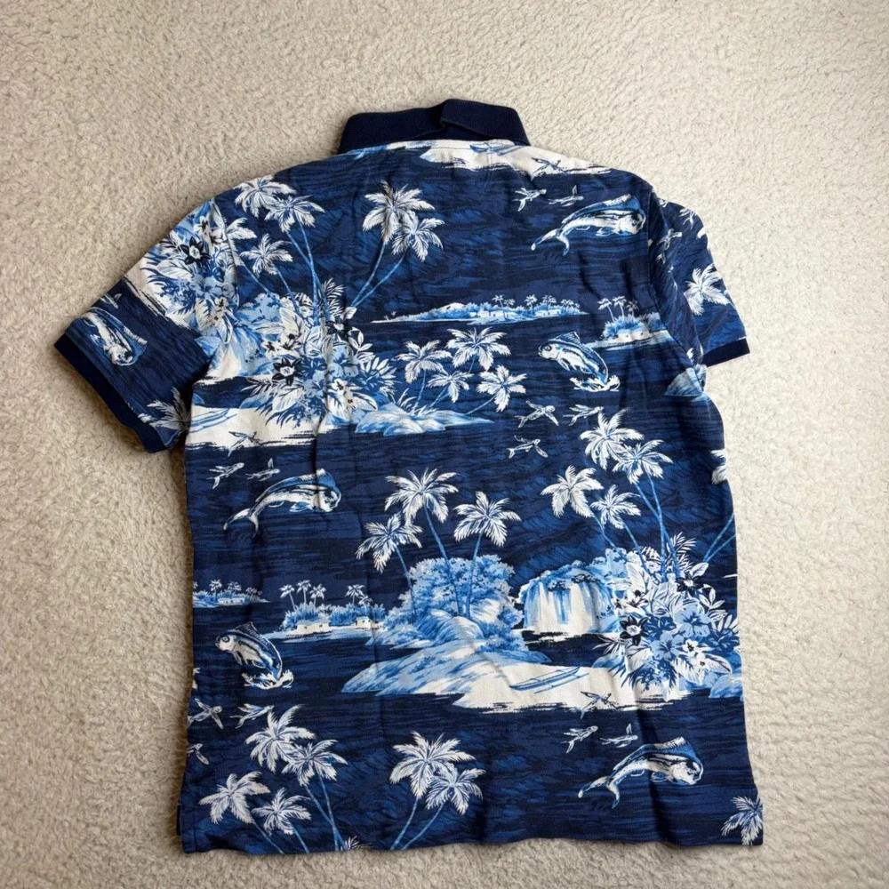 Polo Ralph Lauren Mens Medium Blue Tropical Island Marlin Palm Tree Polo Shirt